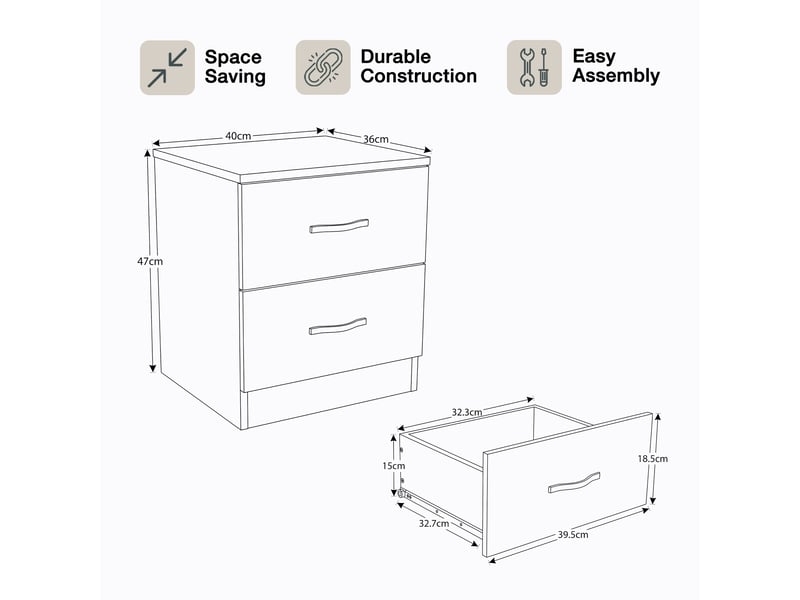  Table de chevet riano, commode de nuit, chambre, rangement, 47x40x36cm, 2 tiroirs, noir 333453 - Conforama D