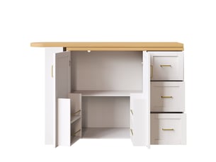 Table 135-228 x 39 x 104 cm 135- chariot de bar extensible 2 portes 3 tiroirs montée sur roulettes coloris blanc et noir plateau aspect bois fonction de bar