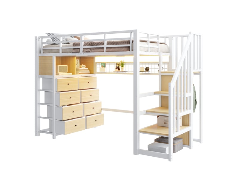  Lit mezzanine 90x200 cm en métal avec rangement et led couleur blanc  - Conforama A
