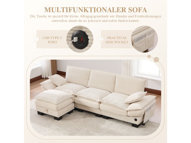 Canapé d'angle 3 places en velours côtelé beige avec hocker et usb-c intégré, assise large - Conforama E