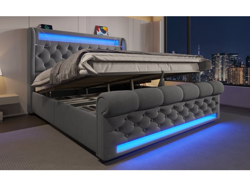  Lit coffre 140x200 cm avec rangement et ports usb type-c - led intégrée - velours gris - matelas inclus  - Conforama B