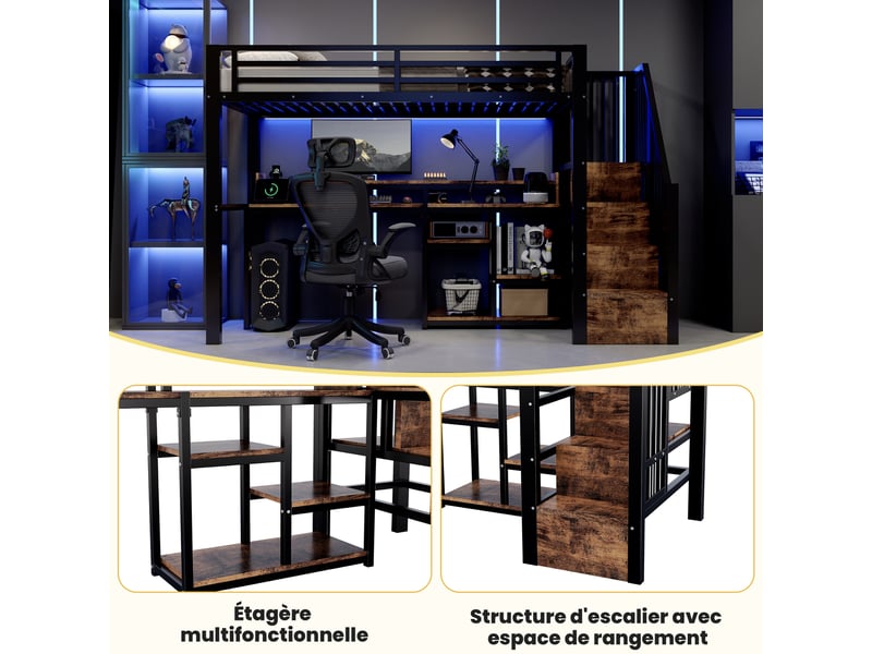  Lit mezzanine métal 90x200 cm - lit haut enfant &amp; ado avec escalier rangement, prises usbtype-c, étagère et led, noir evarich - Conforama D