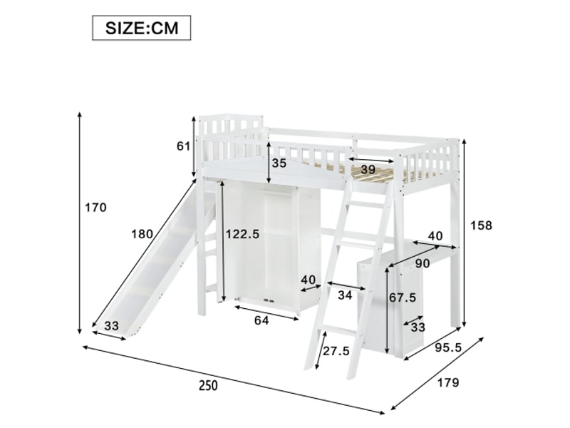  Lit mezzanine 90x200 cm, lit simple enfant, porte sécurité, toboggan, escalier, armoire, étagère rangement, blanc  - Conforama C