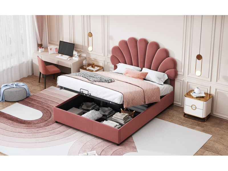 Lit coffre 140x200 cm, revêtement en velours, coloris rose, coffre hydraulique, tête de lit réglable, tête de lit florale, sommier à lattes inclus - Conforama E