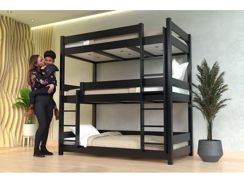 Lit superposé 3 places 80x200 en bois massif abc, noir TRI382-N - Conforama B