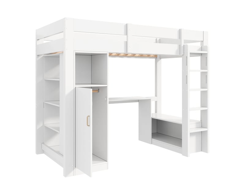  Lit simple 90 x 200 cm rangement intégré armoire intégrée étagères intégrées bureau intégré éclairage led port usb finition blanche  - Conforama A