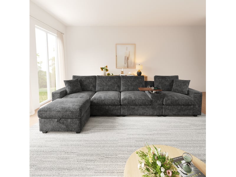  Canapé modulable d'angle modenvie 5 places avec pouf et rangement, ports usb et type-c, table basse pivotante à 360°, chenille grise, 313 x 147 x 82 cm  - Conforama D