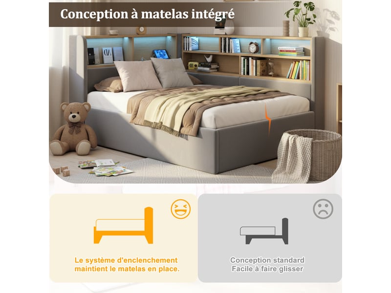  Lit coffre 90 x 200 cm avec rangement hydraulique, led et usbusb-c, canapé-lit en velours gris avec rangements ouverts au dossier et côté  - Conforama E