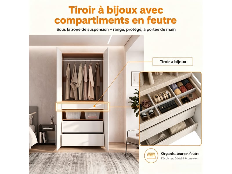  Armoire-penderie avec tiroir à bijoux, 90 x 50 x 200 cm, 4 portes, 1 penderie et 2 tiroirs, meuble haut moderne, finition chêne blanc  - Conforama E