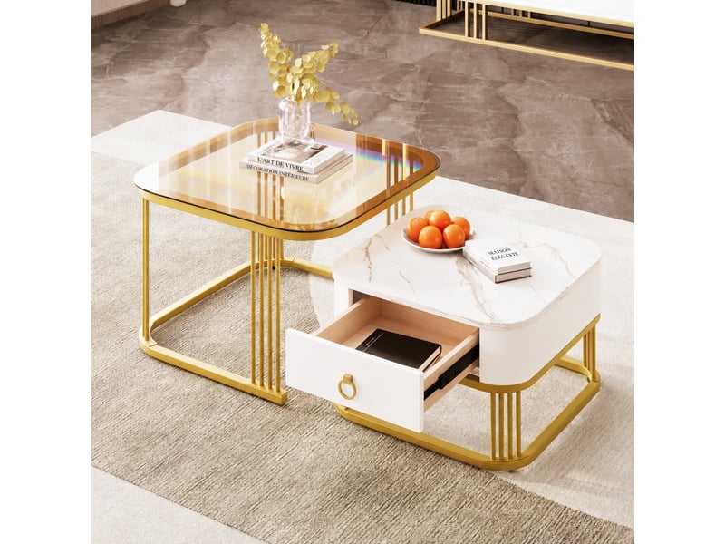  Ensemble de 2 tables basses gigognes effet marbre brillant avec plateaux en verre brun, blanc et doré  - Conforama B