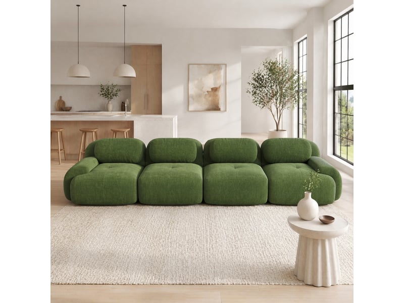  Canapé modulaire 4 places sans cadre avec mousse haute densité et accoudoirs arrondis, en tissu côtelé vert  - Conforama D