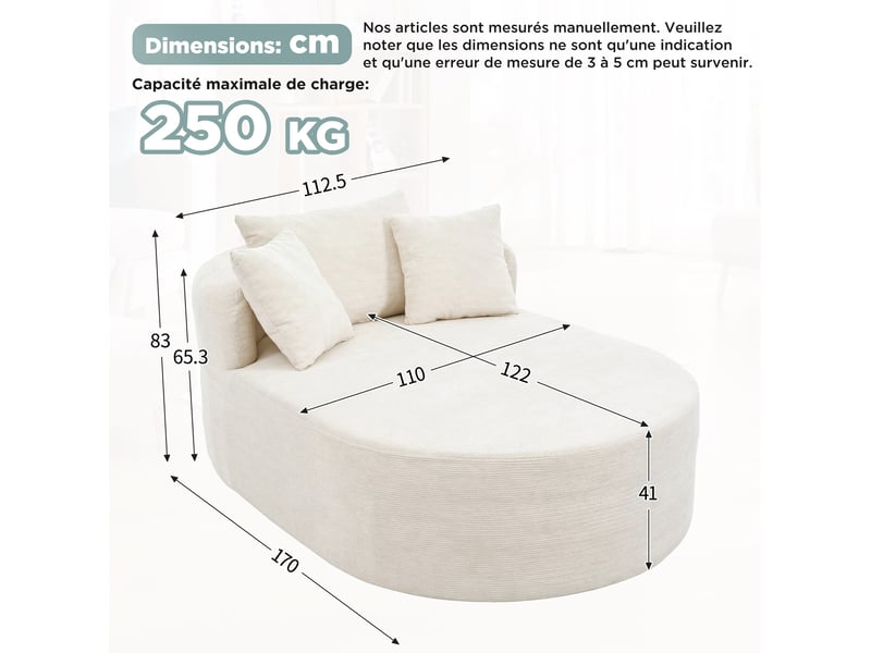  Fauteuil relax ovale à assise profonde avec coussin, sans montage en velours côtelé beige clair  - Conforama C