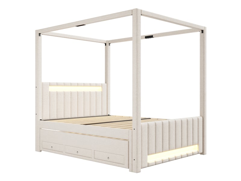  Lit à baldaquin capitonné 140 x 200 cm avec lit gigogne et trois tiroirs, éclairage led, beige  - Conforama E