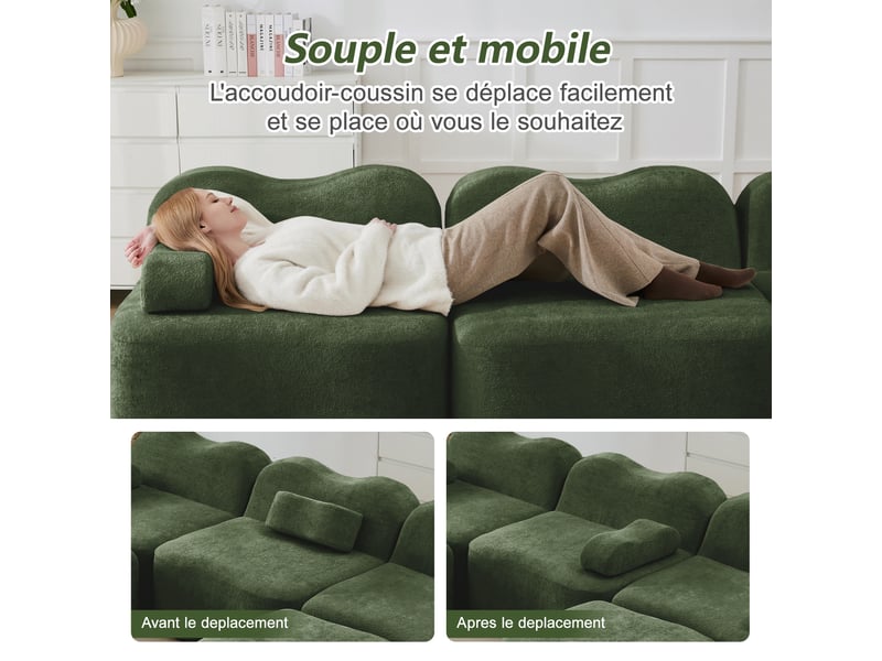  Canapé modulaire en velours - 4 places - 1 ottomane - forme en l - 384x167x70 cm - vert - mousse haute densité 32d  - Conforama R