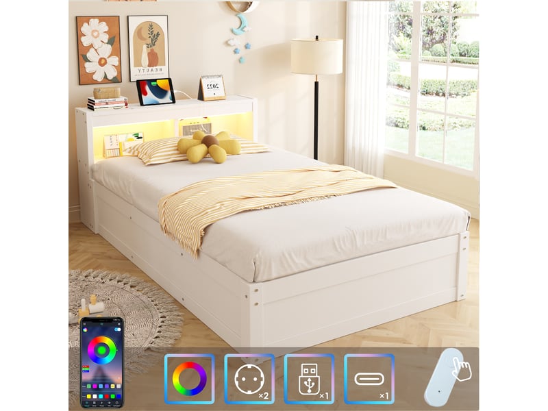 Lit sofa 90 x 200 cm blanc en mdf, prise euro, led multicolore, relevage hydraulique et rangements - Conforama D