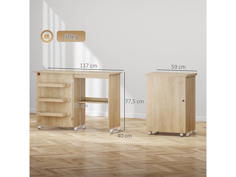 Table de couture pliable sur roulettes - table à rabat - 4 étagères - effet bois clair - Conforama C