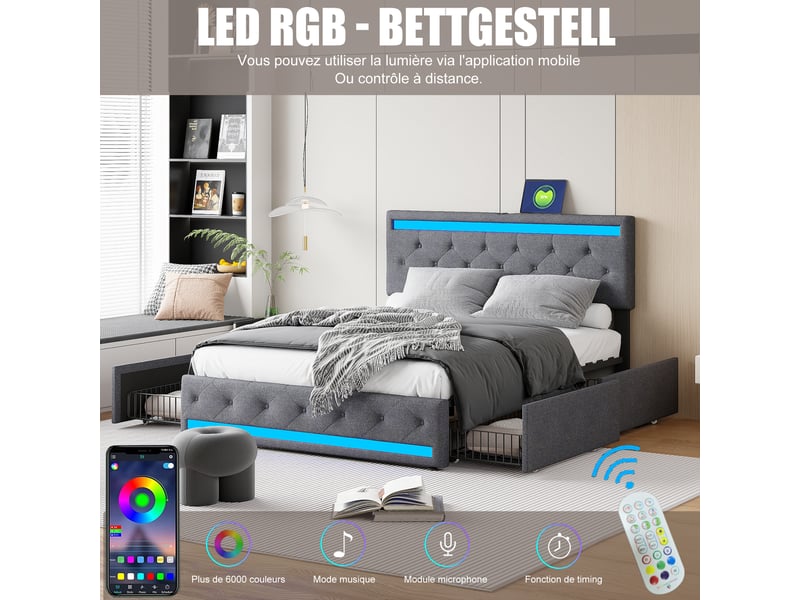  Lit rembourré 180 x 200 cm avec rangement, lit double avec éclairage led et port usb, lit pour adolescent avec 4 tiroirs, sommier avec tête de lit rembourrée et lattes, lin, gris 231115TT0603#ADaslHWRNhDELLM - Conforama D