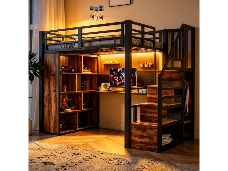  Lit enfant 90x200 cm avec éclairage led, lit mezzanine en métal avec armoire et bureau, lit simple, lit 1 personne, noir  - Conforama A