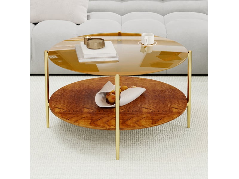  Table basse avec double plateau et rangement ouvert, finition dorée, style moderne, en verre, fer et bois, doré  - Conforama B