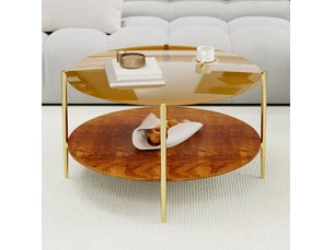 Table basse avec double plateau et rangement ouvert, finition dorée, style moderne, en verre, fer et bois, doré