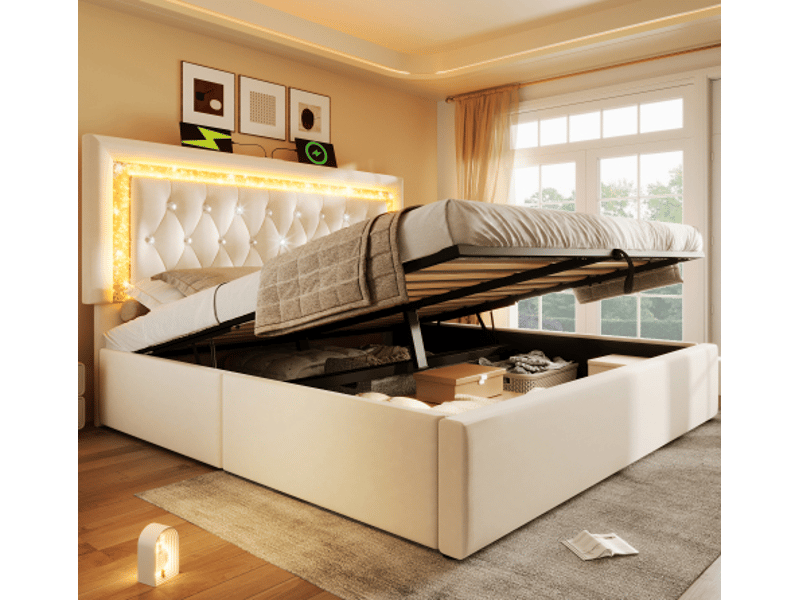  Lit coffre 2 places 160x200 cm, beige, matelas inclus, usb et type-c, en velours doté de led intégré  - Conforama B