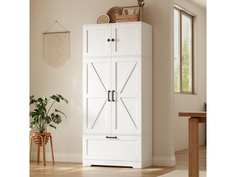 Armoire haute de cuisine 80x35x180 cm avec 4 tiroirs, étagères réglables, grand rangement, façades style grange, anti-basculement, mdf blanc - Conforama C
