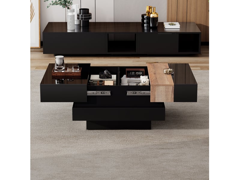  Table basse carrée 70x70x39 cm noire avec plateau coulissant et rangement  - Conforama E