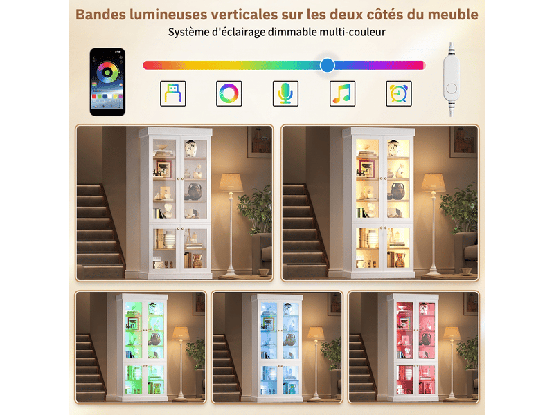  Buffet de cuisine haut blanc en mdf 160x40x180 cm avec vitrine en verre et led  - Conforama D