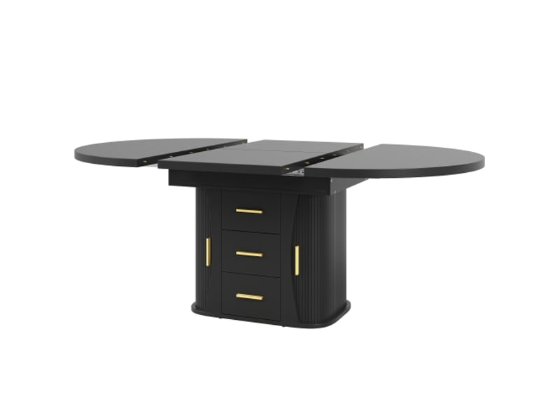 Table à manger extensible noire - ronde ou ovale - 118-158 cm - capacité 6 personnes - rangement 3 niveaux - Conforama E