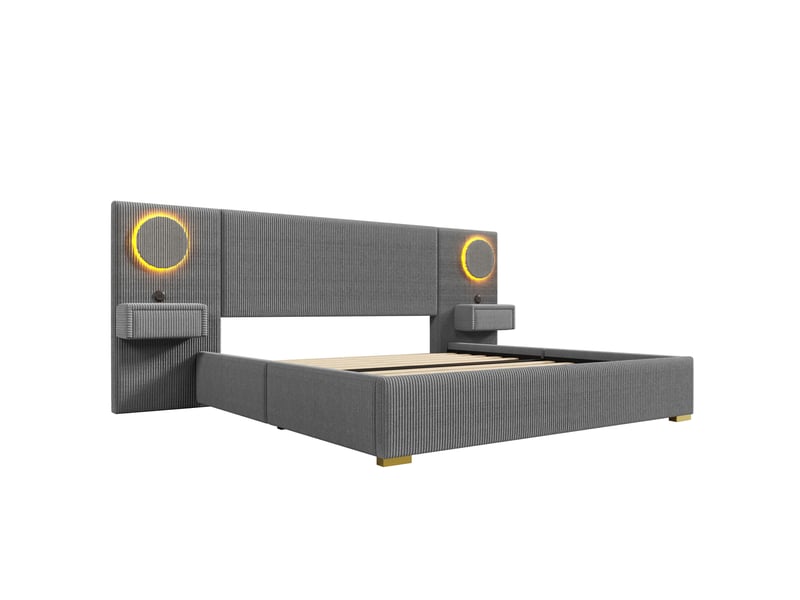 Lit coffre 180x200 cm gris, velours, tête de lit led, ports usb intégrés, chevets avec tiroirs, charge 220 kg - Conforama D