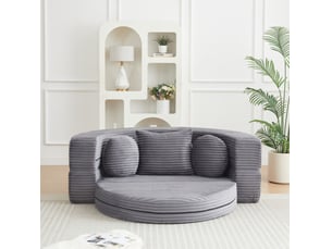 Canapé convertible 4-en-1 180 x 92 cm – gris – velours côtelé, lit de jour rond avec 3 coussins