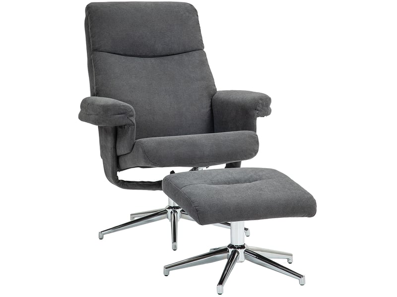 Fauteuil relax avec pouf inclinable jusqu’à 130° en polyester avec structure en bois et pieds en acier, gris foncé - Conforama A