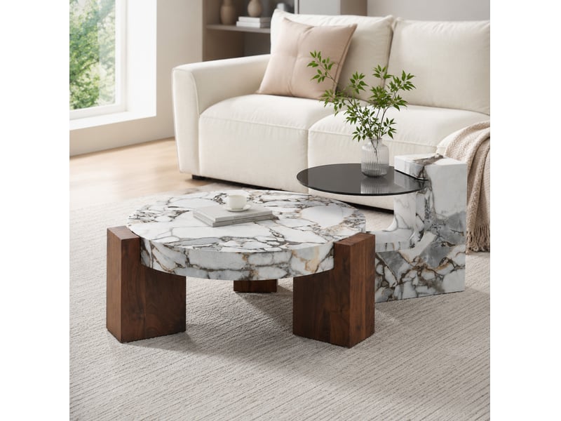Lot de 2 tables basses rondes en mdf et verre gris, effet marbre blanc - Conforama D