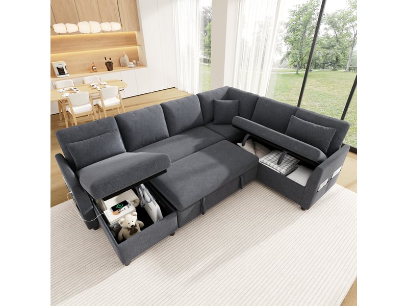  Canapé d'angle convertible 6 places réversible avec rangements, usb type c, poches et 3 coussins en polyester gris  - Conforama D