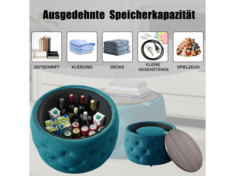  Lot de 2 poufs gigognes ronds avec coffre de rangement velours bleu 58x58x38 cm W3413P412895 - Conforama D