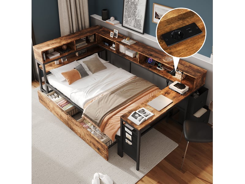  Lit simple 120 × 200 cm 1 place avec 2 tiroirs, prise de recharge et table latérale, sans matelas, noir naturel  - Conforama B