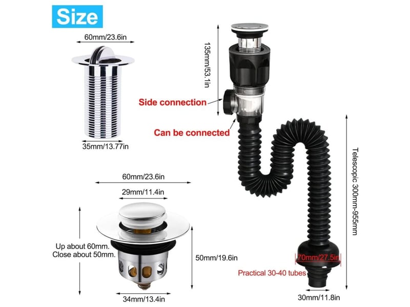  Suite égouttoir de bonde de lavabo, siphon lavabo, bonde de lavabo sans trop plein, extensible de 300-955 mm pour la salle de bain  - Conforama B