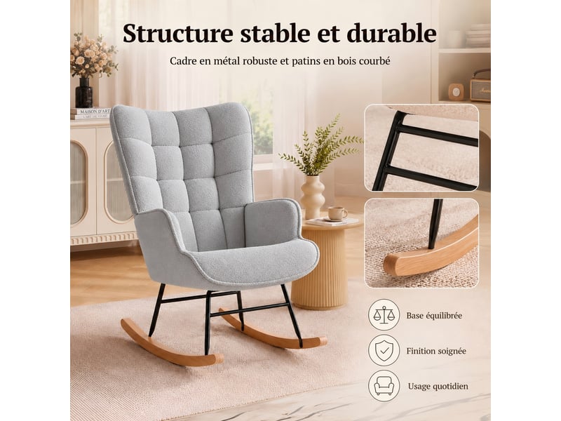  Kefsr fauteuil à bascule teddy gris clair avec dossier carreauté, rocking chair moderne en polaire douce, structure métal robuste et patins bois, fauteuil relax pour salon chambre lecture, 75x68x92cm  - Conforama D