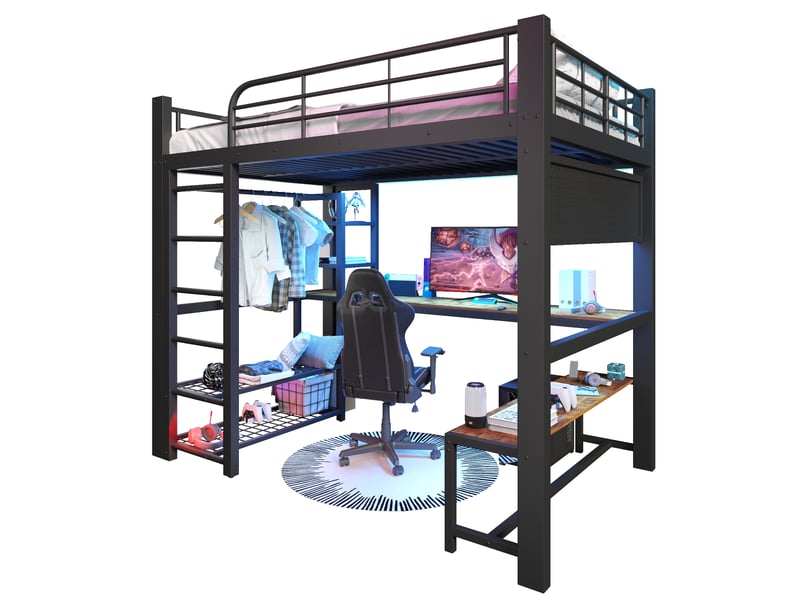 Lit mezzanine 2 places 140×200 cm, led réglable, étagères et bureau - sans matelas, métal noir - Conforama A