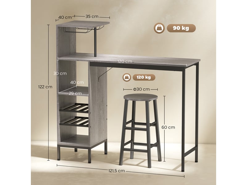  Ensemble table de bar avec tabourets, table à manger debout avec 2 chaises de bar étagères  - Conforama E