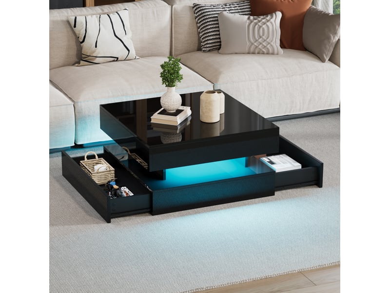  Table basse 65 x 65 x 38,5 cm en panneau de particules avec plateau relevable, 2 tiroirs et led noir chicfurn  - Conforama C