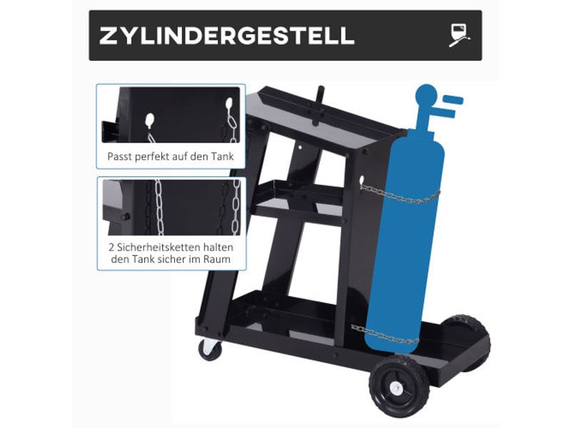 Chariot de soudage noir avec 3 étagères et chaîne de sécurité, support pour bouteille de gaz 71x39x70 cm, mobile pour atelier - Conforama B