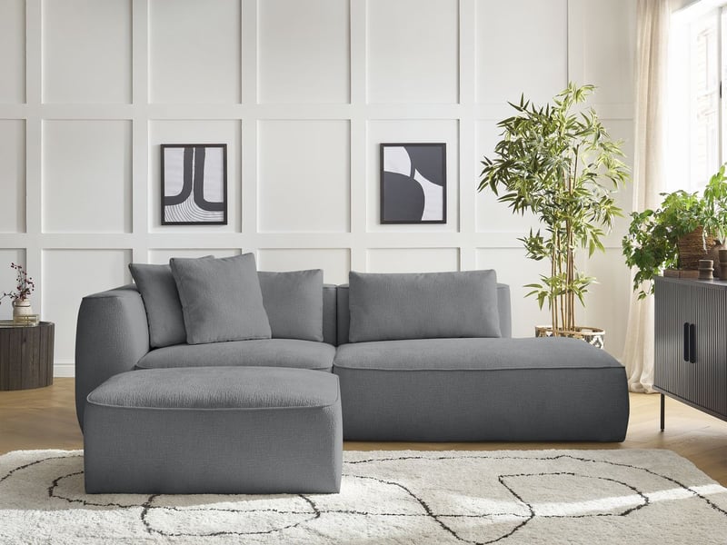  Bobochic canapé droit fixe 3 places leopold tissu texturé avec pouf gris foncé  accoudoir gauche LEOPOLD - Conforama D