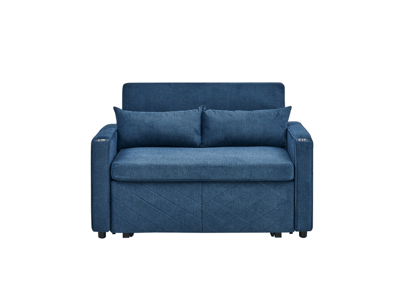  Canapé-lit 3 en 1 coulissant avec ports usb, bois et tissu bleu marine  - Conforama A