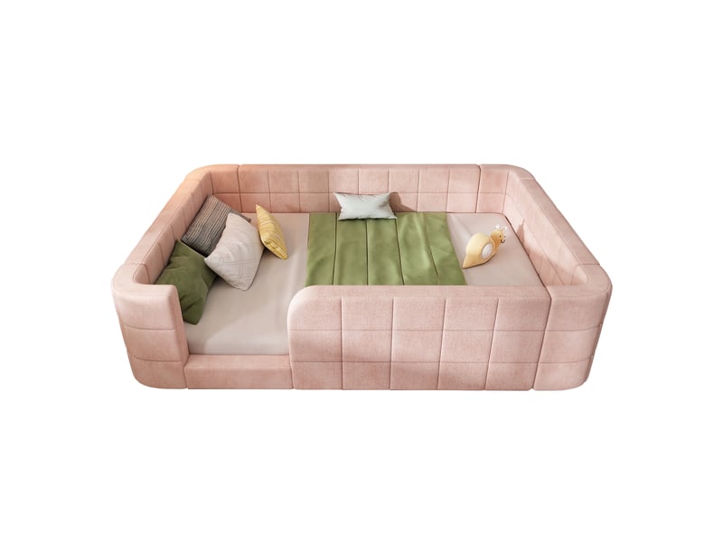 Lit enfant rembourré au sol 140x190 cm, capitonné en chenille, avec contour rembourré et entrée, avec sommier à lattes inclus, sans matelas, rose Luxe haut de gamme - Conforama A