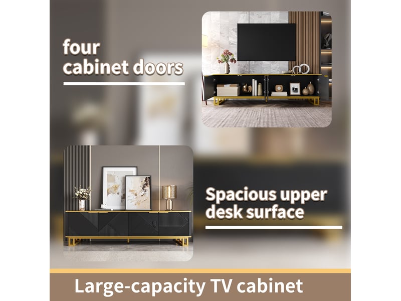  Meuble tv noir et or 160 cm avec 4 portes - design géométrique mdf métal  - Conforama D