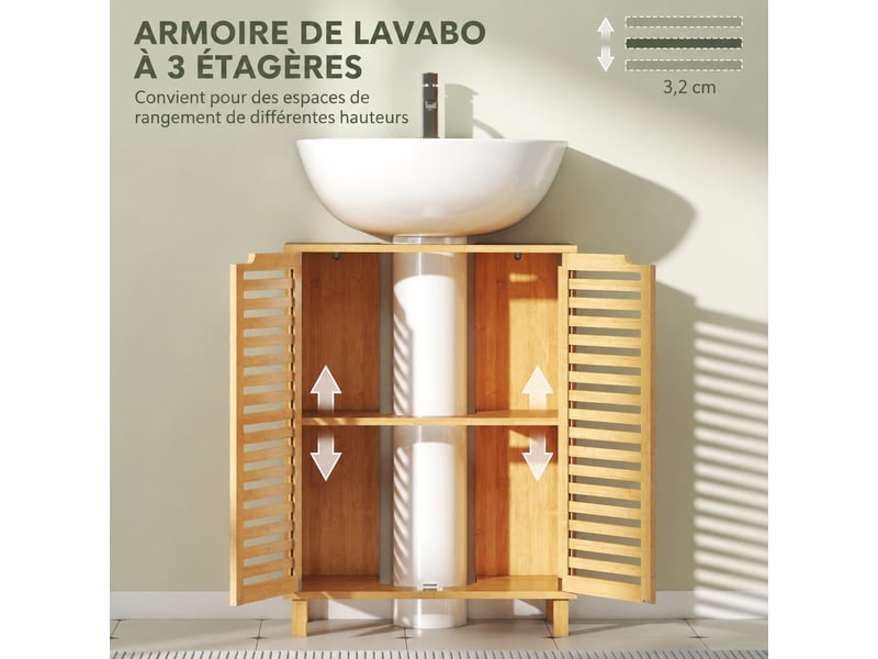  Meuble sous lavabo en bambou à portes persiennes, étagère réglable, 60 x 30 x 80 cm, naturel  - Conforama E