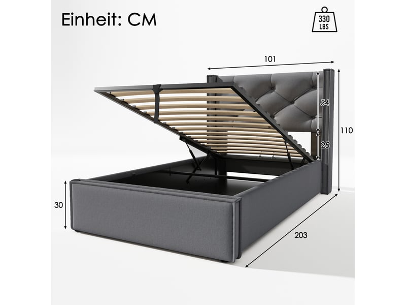  Modenvie lit coffre 90x200 cm - tête de lit capitonnée, matelas inclus - gris  - Conforama C