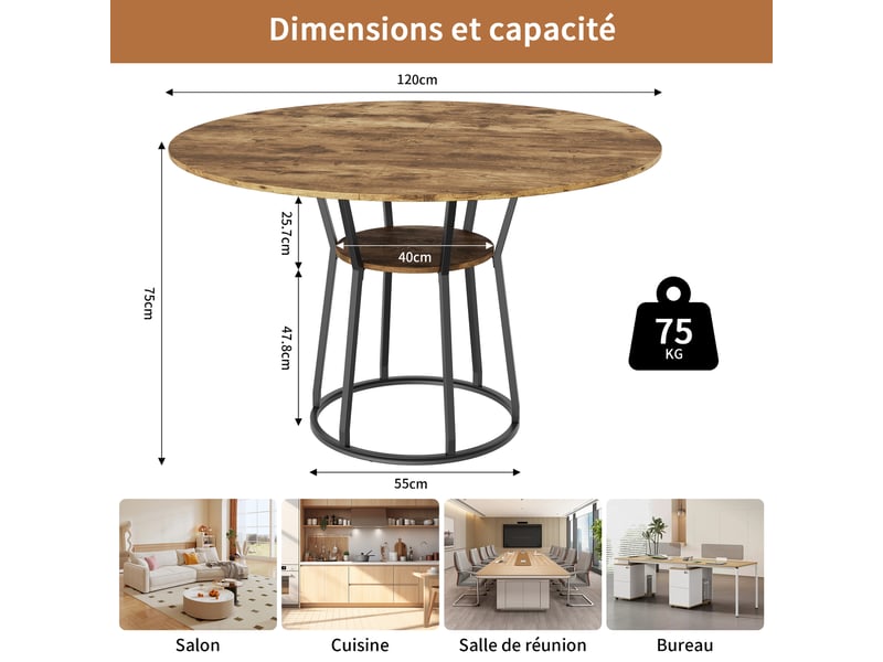  Table à manger ronde 6 personnes avec plateau aspect bois et pied en métal 120 cm, bois clair  - Conforama C