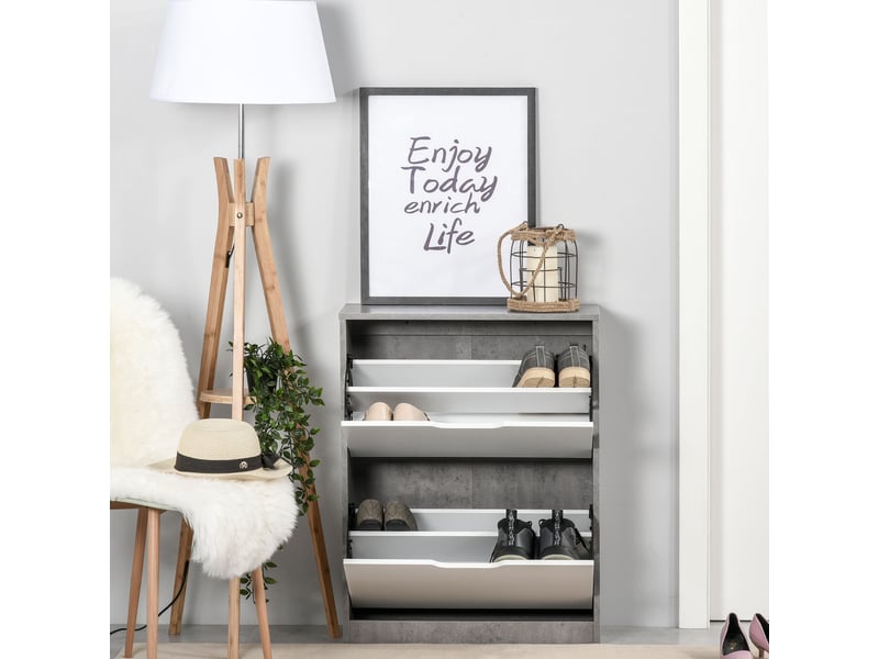  Meuble à chaussures meuble d'entrée placard de rangement, 2 portes abattantes, gris et blanc, 62,5 x 26 x 81 cm  - Conforama D